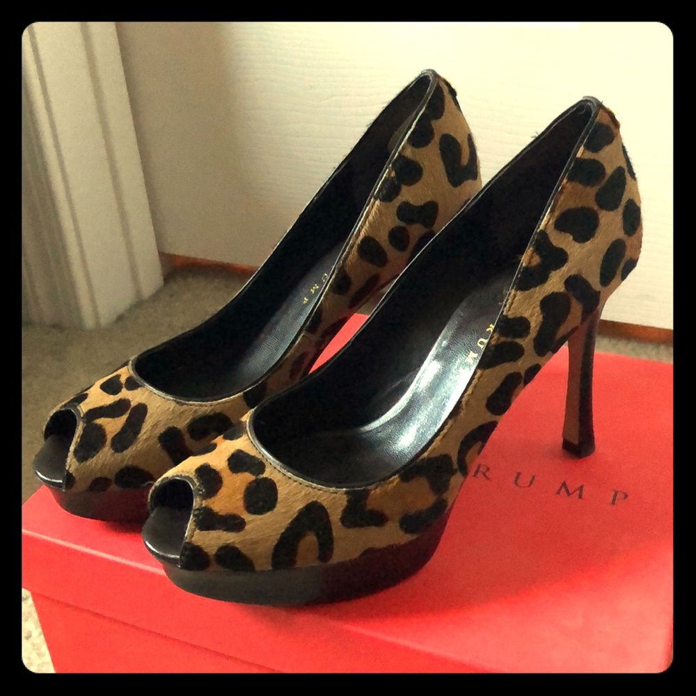 Ivanka Trump calf hair leopard platform peep toe